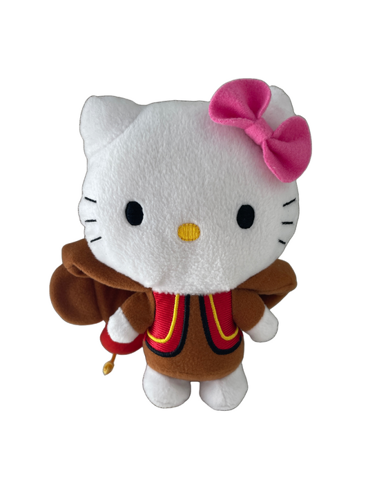 Plush toy resembling a cat character with a pink bow and brown outfit on a white background hello kitty mcdonalds
