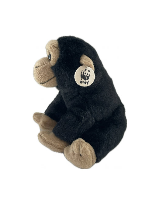 Plush monkey toy with a WWF logo on a white background wwf chimp