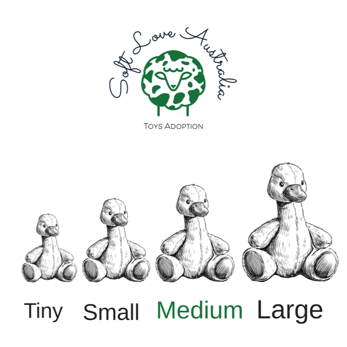 Illustrations of toy ducks in different sizes with Soft Love Australia logo.
