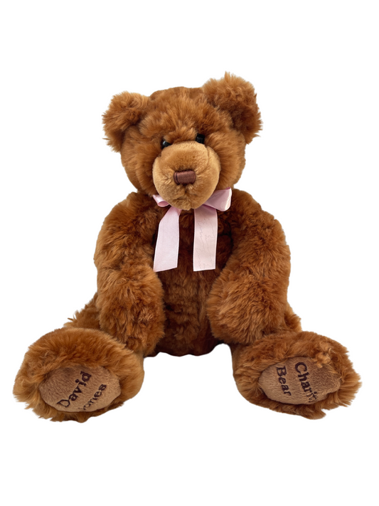 Brown bear David jones charity bear pink bow ribbon 