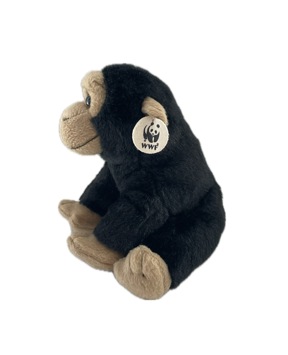 Plush monkey toy with a WWF logo on a white background wwf chimp